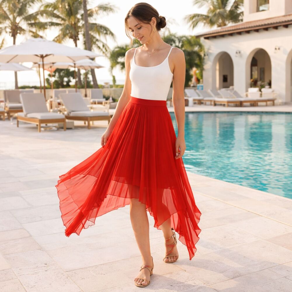 metro wear Pleated Hi-lo Pull-on Skirt Orange S